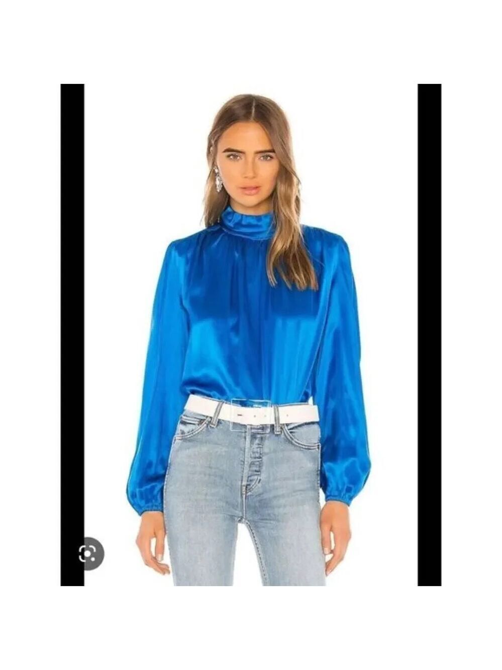 DIVINE Heritage  Revolve Silk Turtleneck Blouse in Azure